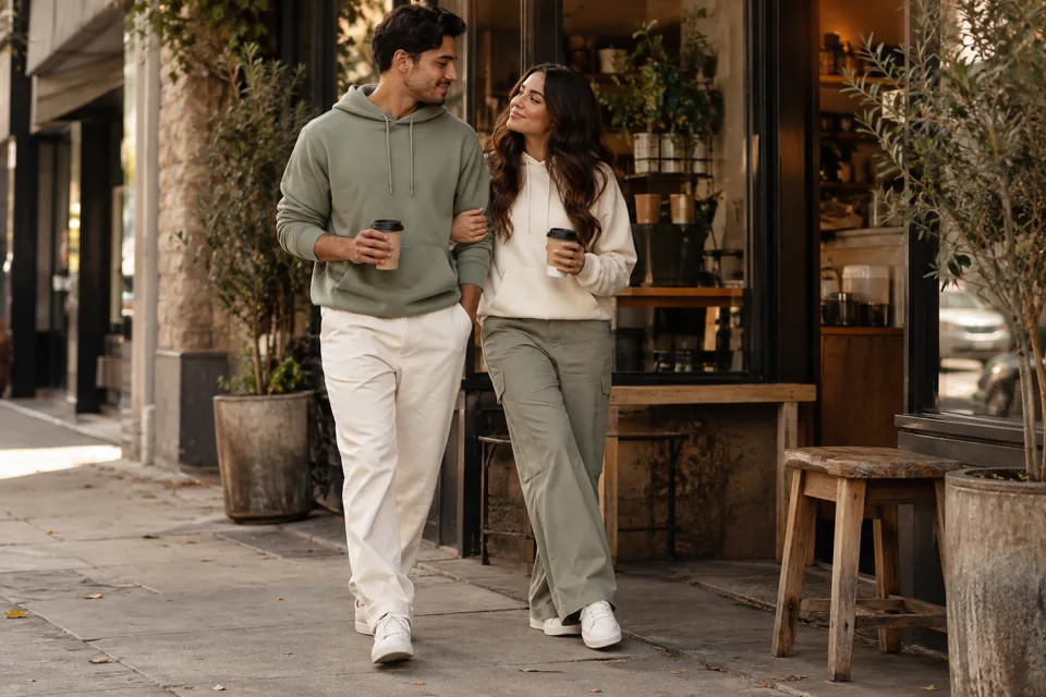Couple in sage and cream hoodies outside a neighborhood café