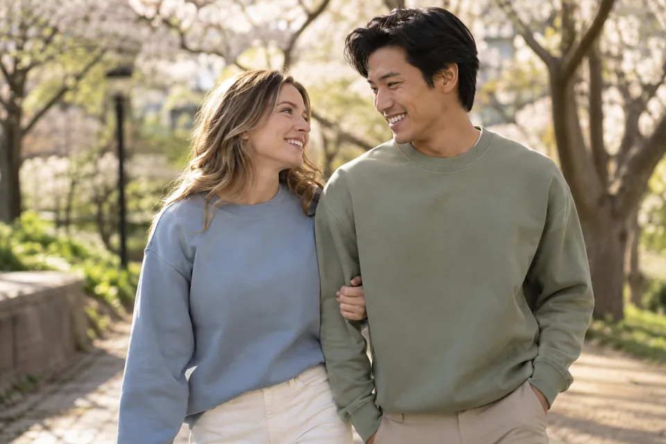 Couple in blue and sage crewneck sweatshirts walking in a park