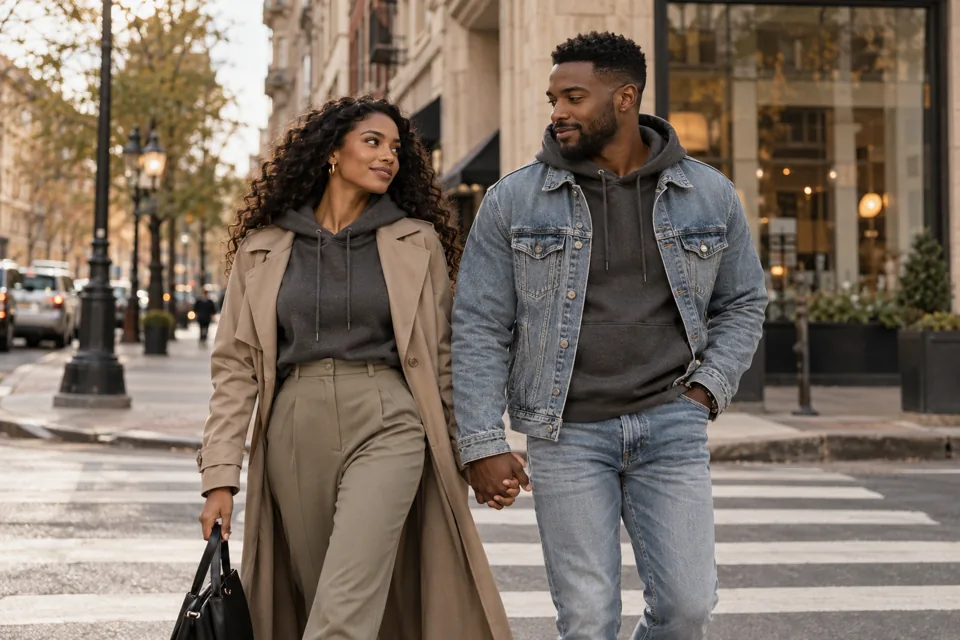 Couple styling charcoal hoodies with different outer layers and trousers