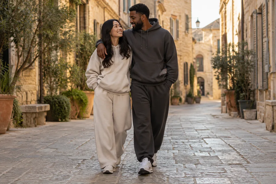 Couple wearing oatmeal and charcoal hoodies on a warm stone city street