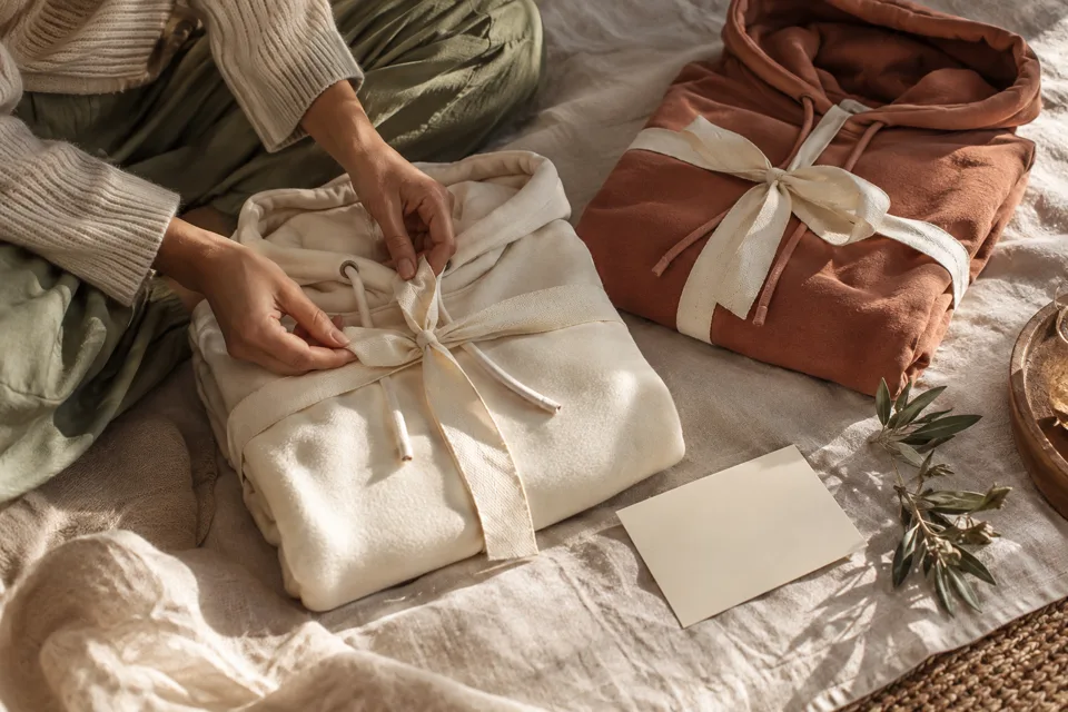 Folded cream and terracotta hoodies tied with ribbon on linen