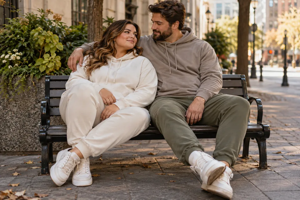 Couple in gray and ivory hoodies seated on a city bench