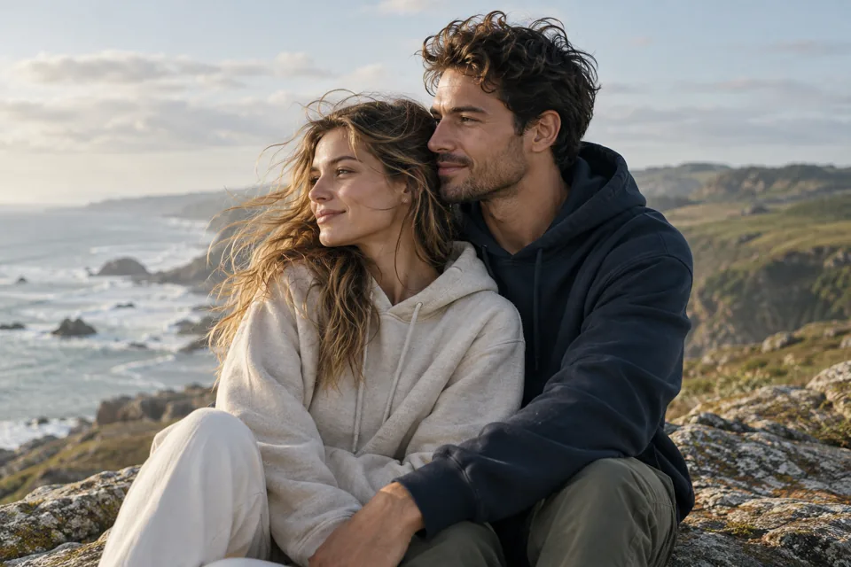 Couple in navy and oatmeal hoodies at a coastal overlook